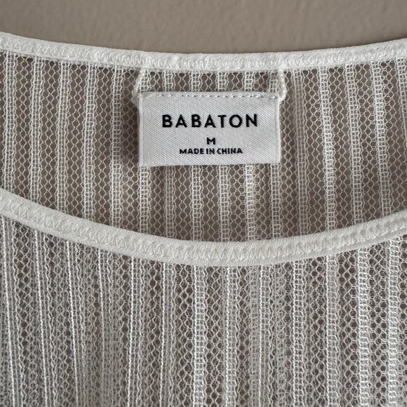 Aritzia Babaton White Sheer Stripe Mesh Short Sleeve TShirt Top Size Medium - Picture 2 of 5